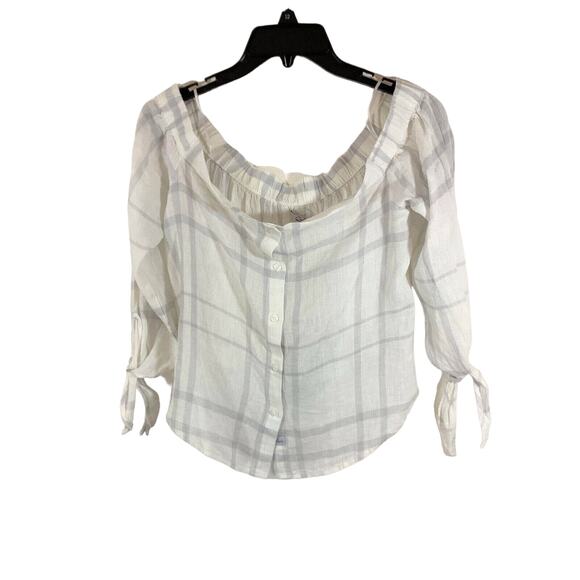 Rails Lauren White Coin Plaid Off Shoulder Button-Up 3/4 Tie Sleeve Top - Picture 1 of 4
